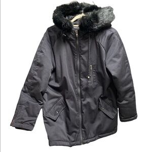 Zenana Outfitters coat faux fur drawstring hood long sleeve zip front size large